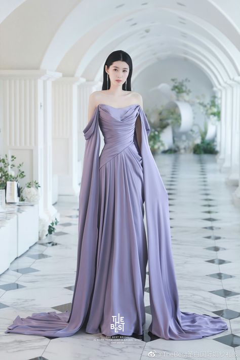 Purple Fantasy Dress, Satin Sleeves, Gowns Dresses Elegant, Drape Maxi Dress, Fairytale Fashion, Crop Top Dress, Prom Dress Inspiration, Formal Party Dress, Beauty Dress