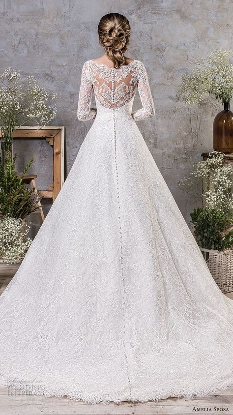 amelia sposa fall 2018 bridal long sleeves illusion jewel sweetheart neckline full embellishment elegant princess a  line wedding dress lace back chapel train (17) bv -- Amelia Sposa Fall 2018 Wedding Dresses | Wedding Inspirasi #wedding #weddings #bridal #weddingdress #weddingdresses #bride #fashion  ~ Long Sleeve Lace Ballgown Wedding Dress, Wedding Dress Lace Back, A Line Wedding Dress Lace, Jeweled Wedding Dress, Wedding Inspirasi, Bride Fashion, Wedding Dress Lace, Long Sleeve Wedding Dress Lace, A Line Wedding Dress