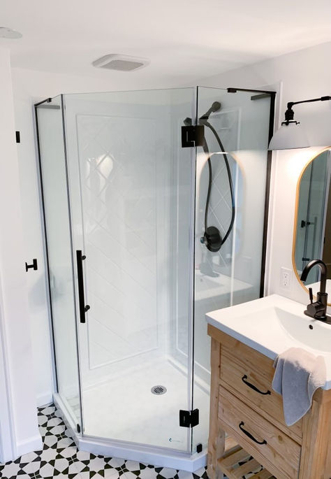 Maximize your bathroom layout with the stunning DreamLine Prism Plus Shower Enclosure, perfect for your small bathroom space! The Prism Plus frameless neo-angle shower enclosure with a contemporary style sure to be a perfect match to any bathroom space. Self-closing hinges deliver additional convenience and comfort. Shop DreamLine shower doors today at The Home Depot, Lowe's, Wayfair and many other fine retailers. Neo Angle Shower Small Bathroom, Neo Angle Shower Ideas, Corner Shower Tile, Neo Angle Shower Enclosures, Dreamline Shower, Neo Angle Shower, Tv Wall Decor Ideas, Glass Shower Doors Frameless, Corner Shower Enclosures