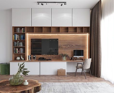 Living Room Library Ideas With Tv, Tv And Desk Wall Unit, Office Tv Room Combo, Home Office Tv Room Combo, Thrift Store Home Decor, Living Room Office Combo, Living Room Workspace, Urban Homes, Eclectic Home Decor