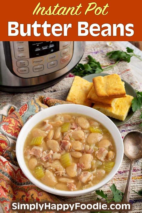 Instant Pot Butter Beans or Large Lima Beans are delicious, cooked with bacon and delicious seasonings. Pressure cooker butter beans are a one-pot meal. simplyhappyfoodie.com, instant pot lima beans, large white beans instant pot, instapot white beans Large Lima Beans Instant Pot, Lima Beans In Instant Pot, Lima Beans Instant Pot, Instant Pot Butter Beans, White Beans Instant Pot, Southern White Beans Recipe, Lima Beans Recipe Southern, Instant Pot Lima Beans, Cooking Lima Beans