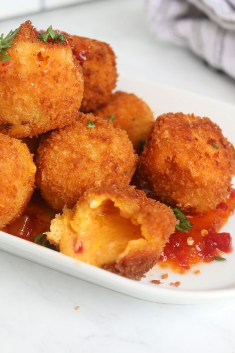 Fried Pimento Cheese Balls With Pepper Jelly, Cheese Pennies Recipe, Fried Pimento Cheese Balls, Pimento Cheese Ball Recipe, Pimento Cheese Balls, Pimento Cheese Fritters, Cheese Fritters Recipe, Jalapeno Pimento Cheese, Spicy Pimento Cheese