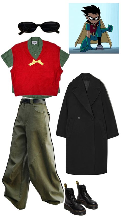 Outfit that resemble robin’s from teen titans. The outfit consist of black sunglasses, a stripped short sleeves green button up shirt, a red sweater vest, a yellow ribbon, green jeans, black combat boots and a long black coat Teen Titans Outfits, Robin Teen Titans, Titans Robin, Fun Halloween Outfits, Robin Outfit, Office Halloween Costumes, Teen Titans Go Robin, Teen Titans Robin, Robin Costume