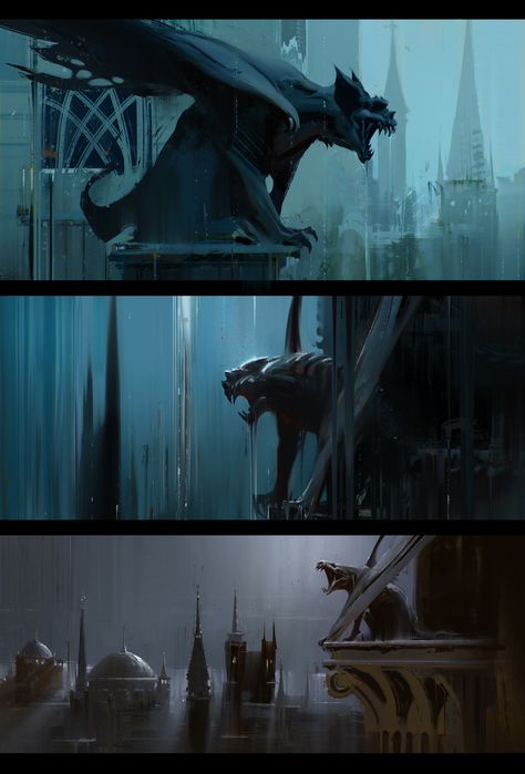 ArtStation - Gargoyles, Jama Jurabaev Vtm Gargoyle, Gargoyle Painting, Gargoyle Drawing, Gargoyles Characters, Jama Jurabaev, Gargoyles Art, Matte Painting, Throne Of Glass, Clock Tower