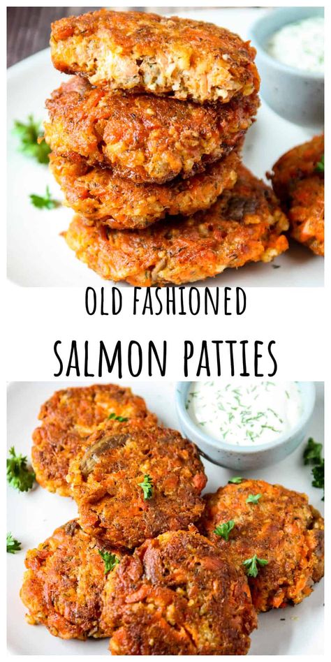 Crisp & golden on the outside, tender on the inside, these salmon patties are full of flavor from dill, Old Bay seasoning, & lemon. Best of all they can be made from pantry staples in just 10 minutes. Salmon Fritters Recipes, Air Fry Salmon Patties, Fish Patties Recipes, Simple Salmon Patties Recipe, Sauce For Salmon Patties, Old Fashioned Salmon Patties, Recipes Scallops, Homemade Salmon Patties, Southern Salmon Patties