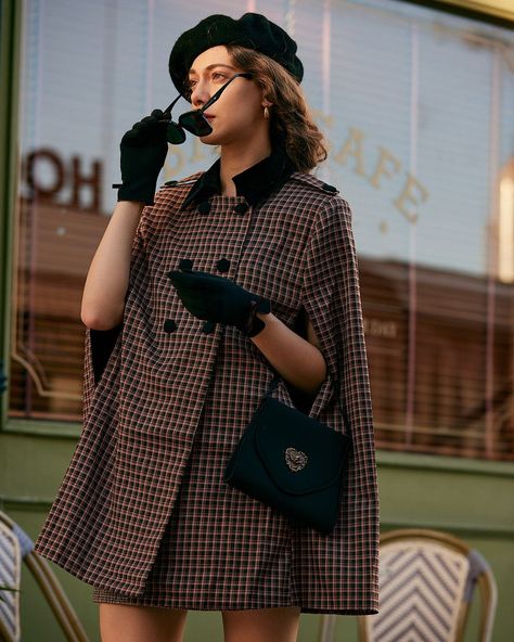 The Double-breasted Plaid Cape Coat Plaid Cape Coat, Mantel Cape, Cape Outfit, Plaid Capes, Tailored Clothes, Retro Clothing, Cape Coat, Women's Jackets, Coat Outfits