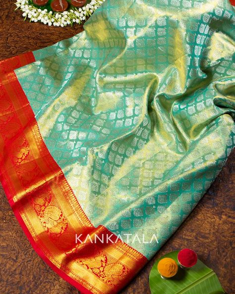 As we know that an auspicious moment is incomplete without the auspicious weave, we handpicked this Sea Green Kanchipuram Tissue Silk Brocade exclusively for the Festive week.​ The mystifying sea green body is engulfed with gold zari tissue & silver zari floral brocade that makes the pastel weave dazzle. #festivecollection #kankatalakanchipuram #kanchipuramsarees #kanchipuramsilk #tissuesilk #silk #saree #silksaree #weavesofindia #indianhandloom #sareefashion #sareelove Sea Green Kanchipuram Silk Saree, Kanjivaram Sarees Silk, Tissue Saree, Sarees Silk, Kanjivaram Sarees, Silk Brocade, Pattu Sarees, Saree Styles, Bridal Saree