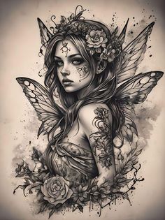 Angels Tattoos For Women, Fantasy Tattoo Designs Drawings, Women's Back Piece Tattoo, Moody Tattoo Ideas, Large Fairy Tattoo, Elven Tattoo Ideas, Psychic Medium Tattoos, Tattoo Designs Leg Woman, Pinup Fairy Tattoo