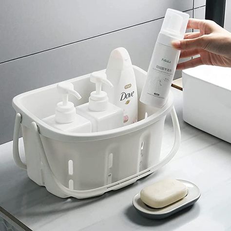 Amazon.com: Haundry Plastic Shower Caddy Tote - Hanging Bathroom Organizer with Handle, Portable Storage Basket Bin -White : Everything Else College Bathroom, Shower Caddies, Portable Bathroom, Plastic Shower, Portable Shower, Getting Rid Of Clutter, Shower Basket, Dorm Room Essentials, Chrome Handles