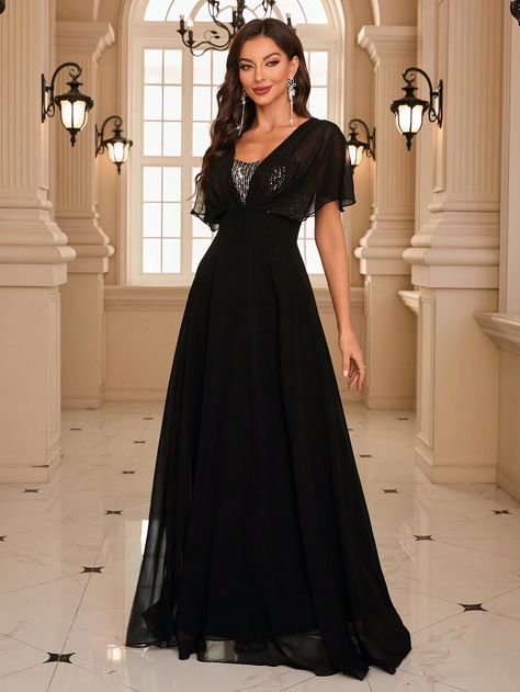 Black  Collar Short Sleeve Chiffon Plain A Line Embellished Non-Stretch  Weddings & Events Chiffon Formal Dress, Black Chiffon Dress, Fitted Gowns, Short Noir, Evening Dress Floor Length, Womens Prom Dresses, Black Short Dress, Women Formals, Formal Dresses For Women