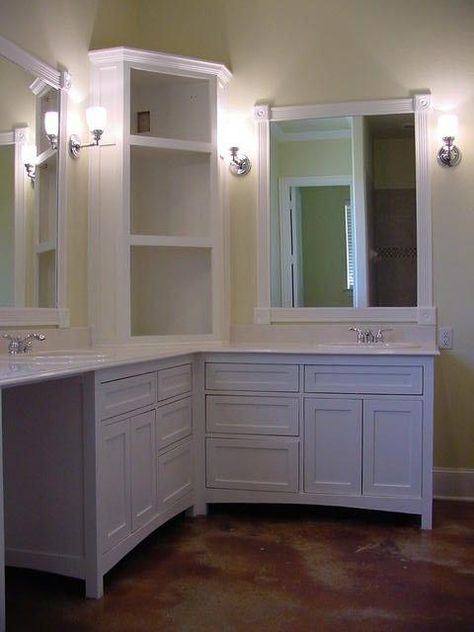 Vanity Alternative, His And Hers Vanity, Bathroom Corner Cabinet, Corner Bathroom Vanity, Corner Cabinets, Corner Vanity, Double Sinks, Bad Inspiration, Master Bath Remodel