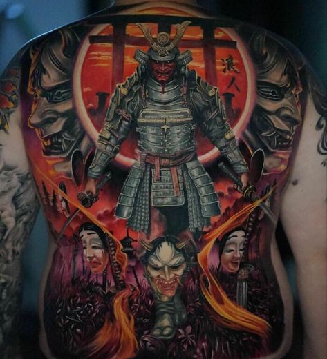 105 Super Realistic Tattoos That Are Purely Amazing Samurai Tattoo Sleeve, Japanese Back Tattoo, Samurai Warrior Tattoo, Simple Flower Tattoo, Backpiece Tattoo, Spartan Tattoo, Upper Back Tattoos, Samurai Tattoo Design, Tattoo Background