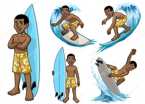 Surfer Character Design, Running Vector, Surf Boy, Beach Costume, Ocean Illustration, Surfer Boys, Surfer Boy, Cartoon Monkey, Summer Cartoon