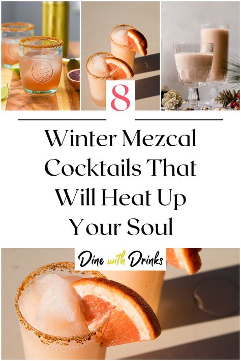 Collage of 4 winter mezcal cocktails. Mezcal Batch Cocktail, Metaxa Drinks Cocktails, Best Mezcal Cocktail, Mezcal Drinks Cocktail Recipes, Mezcal Winter Cocktail, Winter Mezcal Cocktails, Holiday Mezcal Cocktail, Mezcal Christmas Cocktails, Drinks With Mezcal