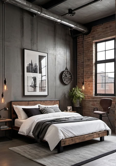 Modern Interior design, bedroom decor, rustic/industrial bedroom, home design Minimalist Industrial Interior Design, Modern Interior Design Bedroom, Rustic Industrial Bedroom, Bedroom Decor Rustic, Industrial Modern Bedroom, Bedroom Industrial, Industrial Fashion, Industrial Bedroom Design, Industrial Style Bedroom