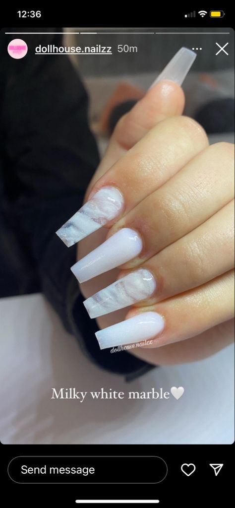 Milky White Nails With Marble Design, White Clean Nail Design, White Marble Nails Acrylic, Nail Inspo Marble, White Outline Nails, Marble Nails White, French Marble Nails, Marble Short Nails, Nail Ideas Marble