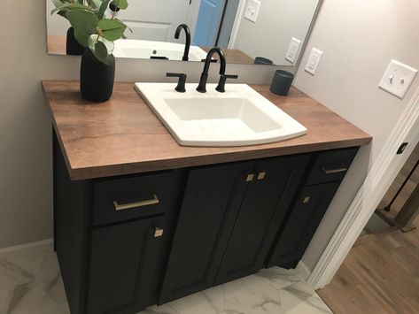 Black Vanity With Wood Top, Bathroom Vanity With Butcher Block Top, Black And Wood Bathroom Vanity, Black Stained Bathroom Vanity, Guest Bathroom Ideas Black Vanity, Black Bathroom Vanity With Wood Top, Vanity With Wood Countertop, Small Bathroom Ideas With Black Vanity, Black Vanity Wood Top