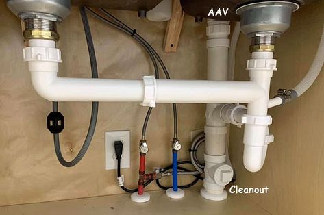 Kitchen sink, p-trap and long horizontal drain | Terry Love Plumbing Advice & Remodel DIY & Professional Forum Kitchen Sink Drain Plumbing, Double Sink Plumbing, Sink Drain Plumbing, Kitchen Sink Plumbing, House Plumbing, Sink Plumbing, Double Kitchen, Kitchen Plumbing, Double Kitchen Sink