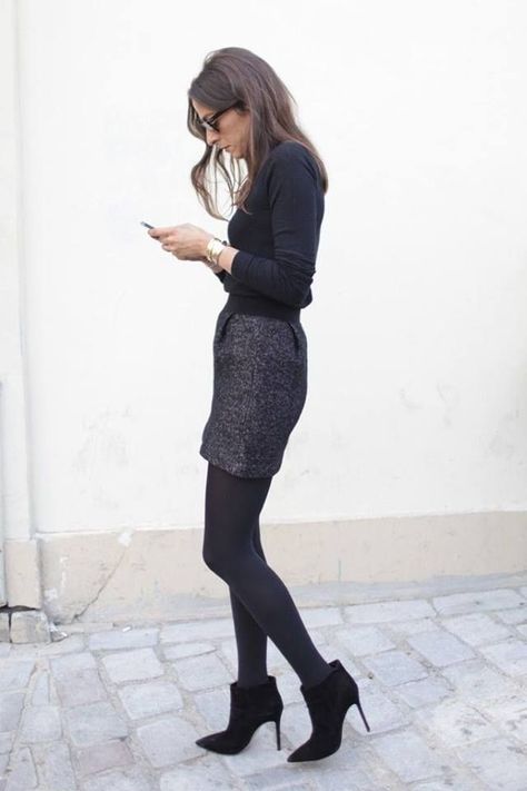 Shop this look on Lookastic: http://lookastic.com/women/looks/turtleneck-bracelet-mini-skirt-tights-ankle-boots/7824 — Black Turtleneck — Gold Bracelet — Charcoal Tweed Mini Skirt — Black Wool Tights — Black Suede Ankle Boots Mode Chic, Looks Street Style, Professional Attire, Looks Black, Business Outfit, Looks Chic, 가을 패션, Work Wardrobe, Business Attire