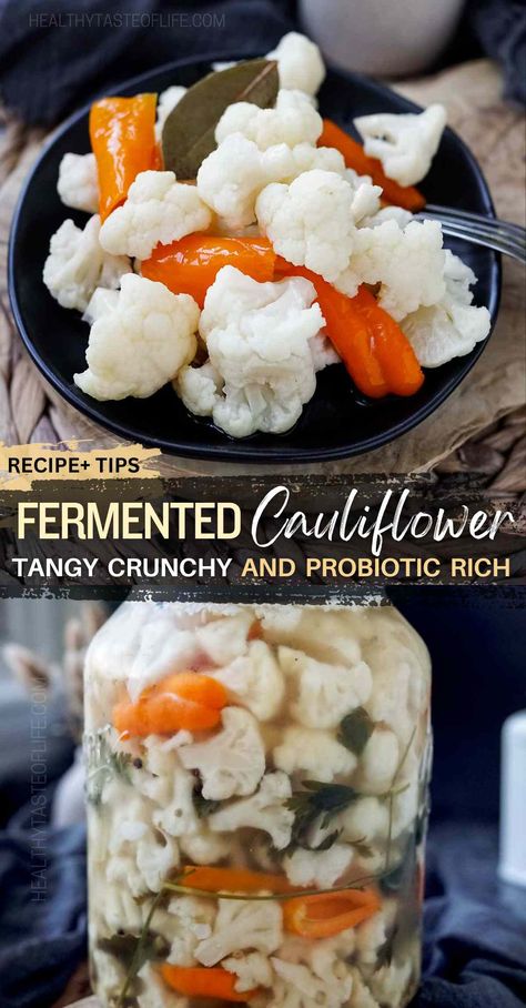 Easy-to-follow Fermented Cauliflower Recipe - transform ordinary cauliflower into a probiotic-rich, tangy delight. Perfect for beginners and seasoned fermenters alike, this guide shows you how to lacto-ferment cauliflower, creating a nutritious and delicious side to your meals. Not just pickled but health-packed, this fermented cauliflower recipe guarantees a rewarding experience with every bite. Try new ways to ferment vegetables today and add a burst of flavor and wellness to your diet. Fermented Cauliflower, Cauliflower Pickles, Ferment Vegetables, Cauliflower Benefits, Fermented Vegetables Recipes, Curry Cauliflower, Turmeric Cauliflower, Recipe Cauliflower, Pickled Cauliflower