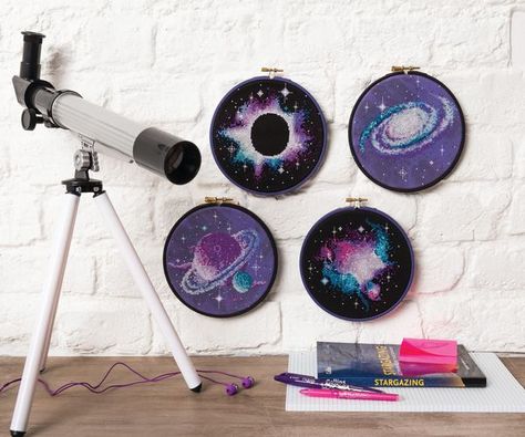 "Galaxy Hoops" The unique Galaxy twirl fabric to enhance any "space" design! order yours with Silver Sparkles to achieve the best look! Project stitched on galaxy twirl 14ct aida 30x30cm(each) and 14ct Black Aida 30x30cm(each) Galaxy hoops fabric Galaxy Cross Stitch, Galaxy Cross, Embroidery Book, Funky Design, Cross Stitch Animals, Modern Cross, Cross Stitching, Modern Cross Stitch, Stitch Design