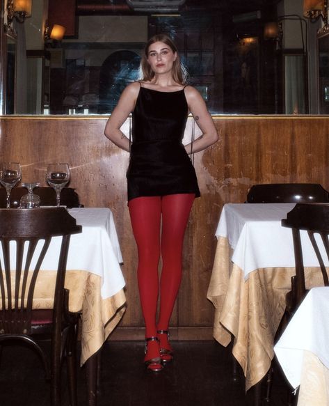 Cosmopolitan Outfit Women, Colored Pantyhose Outfit, Black Dress Red Tights, Black Dress With Red Heels, Green Tights Outfit, Red Dress Black Tights, Red Stockings Outfit, Lace Stockings Outfit, All Red Outfit