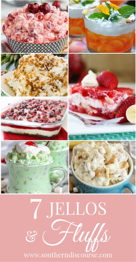 Saturday Seven- Jello Salads & Fluffs - southern discourse Salads For Potlucks, Fluff Jello Salad, Jello Salad Recipes, Strawberry Jello Salad, Congealed Salad, Jello Salads, Southern Cooking Recipes, Recipes Vintage, Fluff Recipe