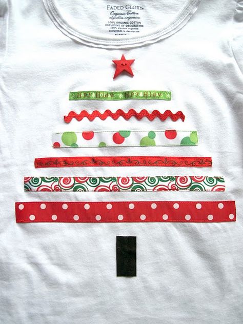 Ribbon shirt.  Cute. Could even iron on the ribbon with Heat 'n Bond (the heavy duty kind).  Christmas pj shirt for girls - maybe boys too, they aren't too old yet! Simple Tree, Tee Tree, Sew Ins, Christmas Tree Shirt, Tree Shirt, Baby Diy, Sewing For Kids, Kids Stuff, All Things Christmas