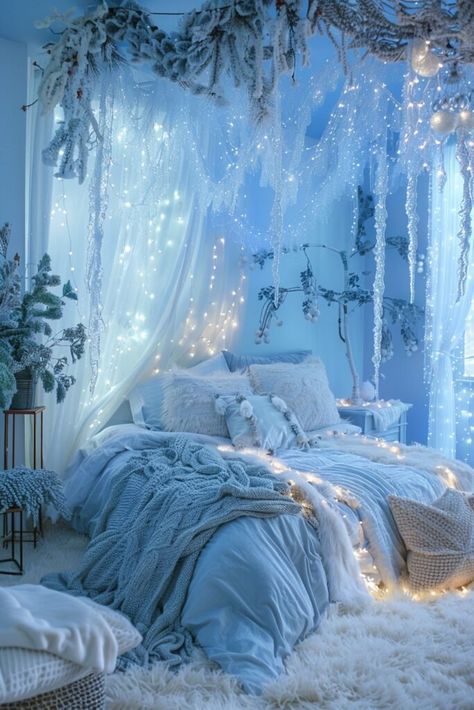 Blue Witch Bedroom, Fae Bedroom Aesthetic, Winter Theme Bedroom, Bedroom Ideas Cozy Aesthetic, Winter Room Decor Aesthetic, White And Blue Bedroom Aesthetic, Cozy Winter Bedroom Ideas, Blue Fantasy Bedroom, Winter Themed Bedroom