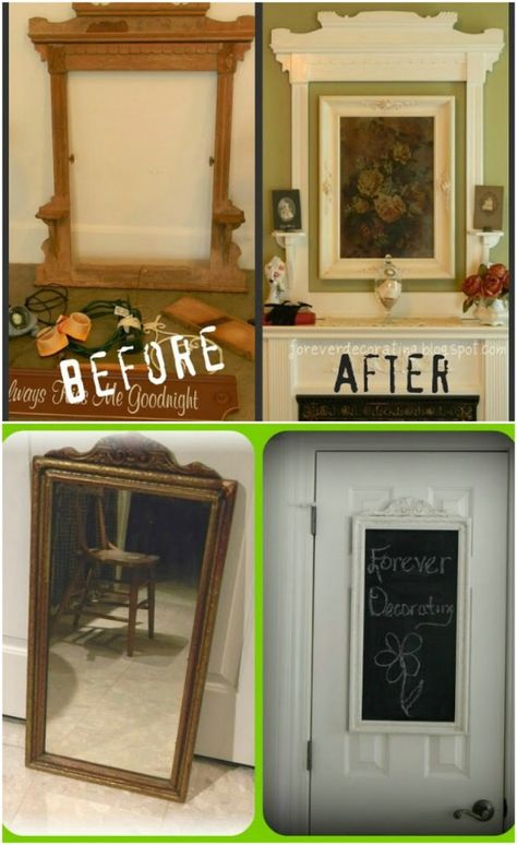 I never really believed that old saying that a broken mirror brings you seven years of bad luck. In fact, I believe just the opposite. If you have a broken mirror, you are lucky enough to have an upcycle DIY project just waiting for you. I’ve seen my fair share of broken mirrors – and other... Upcycled Mirror Frame, Repurpose Mirror, Broken Mirror Ideas, Repurposed Mirror Frame, Broken Mirror Projects, Refurbished Mirror, Frame Fireplace, Broken Mirror Diy, Upcycled Mirror