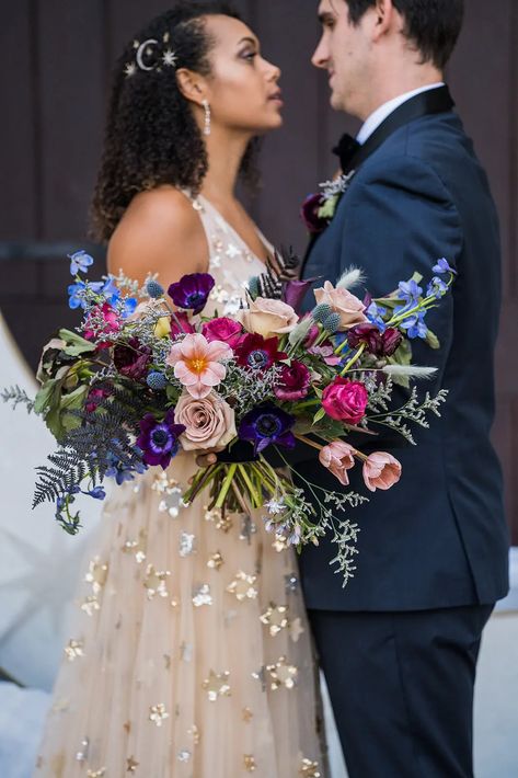 Gem Tones Wedding, Jewel Tone Bouquet, Star Wedding Dress, Jewel Tone Wedding Flowers, Blue Purple Wedding, Purple And Green Wedding, Starry Night Wedding, Romantic Wedding Flowers, Bouquet Roses