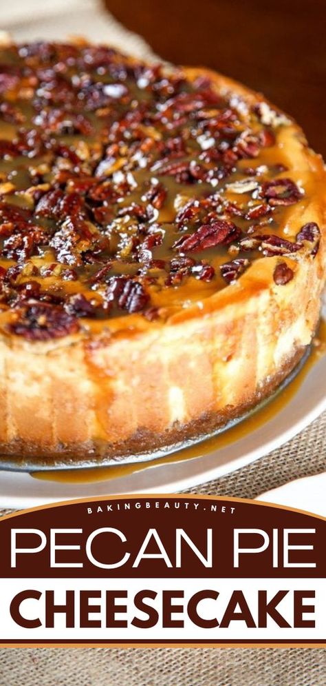 Elevate your fall food recipes with this Pecan Pie Cheesecake Recipe. It features a creamy brown sugar cheesecake topped with a rich pecan pie filling, making it a stunning choice for simple Thanksgiving desserts! Xmas Meals, Brown Sugar Cheesecake, Amazing Cheesecake, Cheesecake Tacos, Cheesecakes Recipes, Fall Pies Recipes, Pecan Pie Cheesecake Recipe, Recipes Treats, Cheesecake Pie Recipes