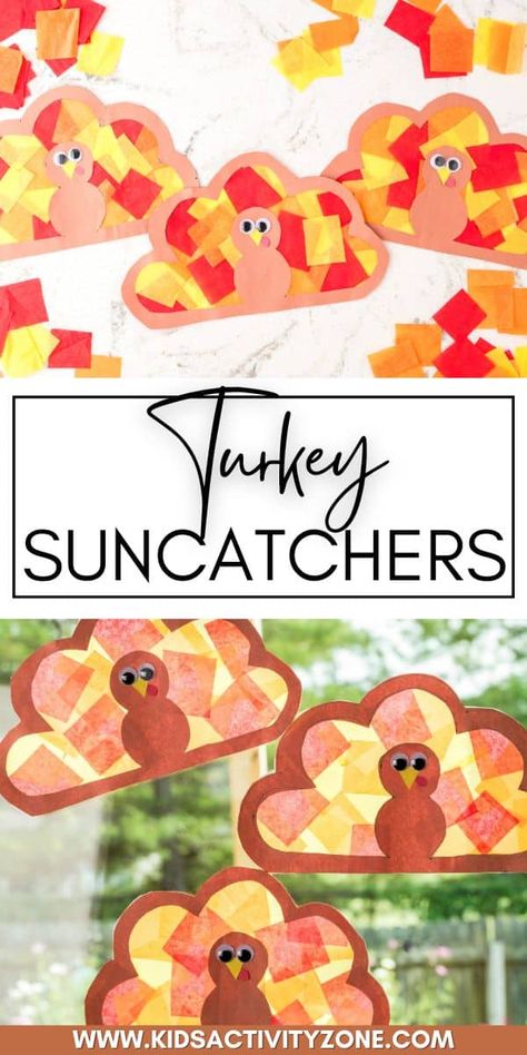 Need a quick and easy fall craft to keep the kids busy? This Turkey Suncatcher Craft is such an easy craft. Print off the turkey template provided, add tissue paper to contact paper and top with the turkey. These Thanksgiving suncatchers look so pretty hanging up in your windows! Turkey Stained Glass Craft, Tissue Paper Thanksgiving Crafts, Tissue Paper Turkey Craft, Suncatchers Craft, Craft For Thanksgiving, Wedding Musts, Young Toddler Activities, Turkey Template, Bulletin Ideas