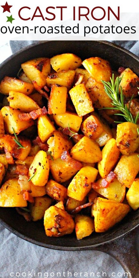 A cast iron skillet works beautifully for searing and crisping potatoes in the oven. These pan roasted potatoes are crispy on the outside, soft and tender on the inside, and beautifully savory with rosemary and Worcestershire sauce. #castiron #skilletpotatoes #ovenpotatoes #friedpotatoes Cast Iron Skillet Potatoes, Iron Skillet Potatoes, Pan Roasted Potatoes, Potatoes In The Oven, Cast Iron Oven, Potatoes In Oven, Roasted Red Potatoes, Oven Roasted Potatoes, Skillet Potatoes