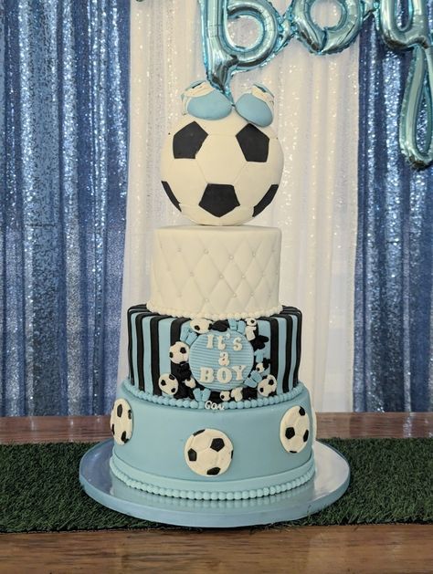 Soccer ⚽ baby shower cake / football ⚽ baby shower cake Soccer Theme Baby Shower Ideas, Soccer Baby Shower Ideas, Soccer Baby Showers, Cake Football, Soccer Ball Cake, Baby Shower Cake Designs, City Cake, Soccer Baby, Football Baby Shower