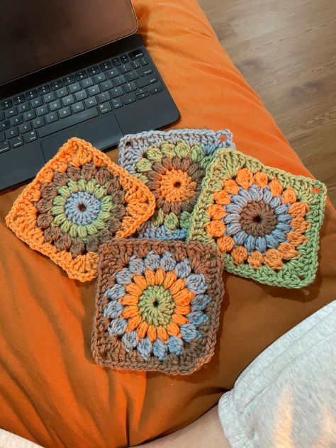 Hobbies Astethic, Hobby Astethic, Boho Astethic, Crochet Granny Squares, Green Crochet, 2023 Vision, Rust Orange, Granny Squares, Crochet Granny