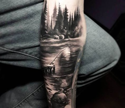 Photo - Black and grey realistic tattoo style of Landscape motive done by tattoo artist Tyler Malek | Large Tattoo Photo 18885 | World Tattoo Gallery Reflection Tattoo, Natur Tattoo Arm, Outdoor Tattoo, Lake Tattoo, Scene Tattoo, Nature Tattoo Sleeve, Lake Scene, Landscape Tattoo, Forest Tattoos