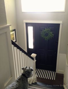 Raised Ranch Makeovers | Raised ranch redo Raised Ranch Remodel, Split Level Entryway, Split Level Remodel, Split Entry, Split Foyer, Front Door Makeover, Iron Stair Railing, Ranch Remodel, Split Level House