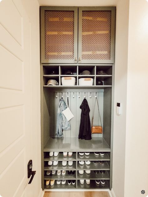 Closet Into Cubbies, Home Backpack Storage, Shoe Organization Coat Closet, Small Entry Nook Ideas, Front Entry Organization Ideas, Functional Coat Closet, Large Hall Closet Organization, Entry Closet Built In, Small Entryway With Closet