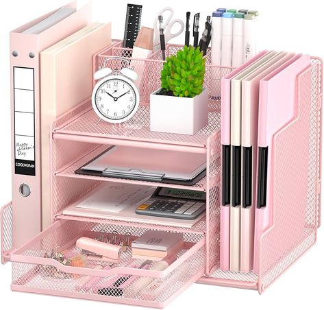 Amazon.com: VIVSOL Office Supplies Desk Organizer, Desk Organizers and Accessories with 2-File Organizer with Sliding Drawer Trays and Large Capacity Pen Holder (4-Tier Pink) : Office Products Pink Desk Decor, Pink Office Supplies, Desk File, Study Accessories, Organizer Desk, Sliding Drawer, Sliding Drawers, Pink Desk, File Organizer