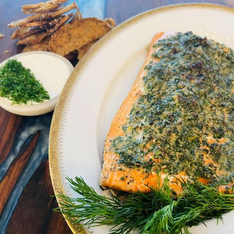 This herb-crusted salmon is perfectly cooked and ready for a Mother's Day party. Horseradish Crusted Salmon, Maple Syrup Salmon, Herb Crusted Salmon, Mother's Day Party, Candied Sweet Potatoes, Sous Vide Recipes, Crusted Salmon, Impressive Recipes, Ginger Snap Cookies