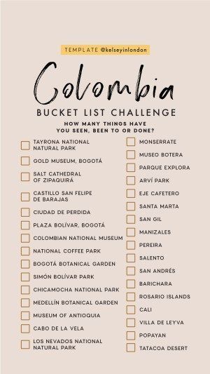 Top things to do in Colombia - Colombia Bucketlist - Instagram Story Template - kelseyinlondon - Kelsey Heinrichs - What to do in Colombia - Where to go in Colombia - top places in Colombia Bucket List Challenge, List Challenges, Ultimate Bucket List, Travel Destinations Bucket Lists, Colombia Travel, Travel Checklist, Bucket List Destinations, South America Travel, Travel List