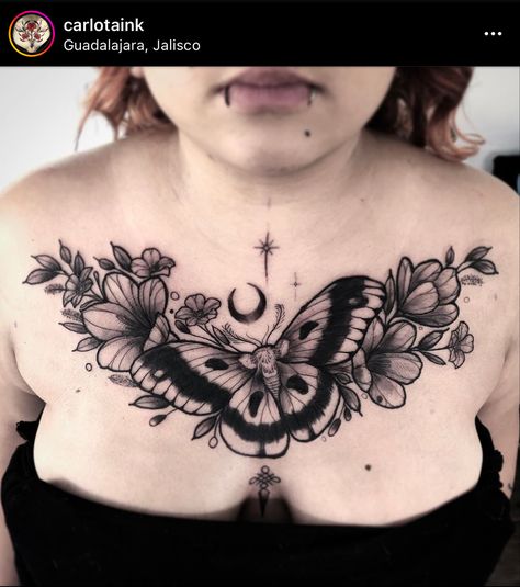 Chest Tattoo Feminine, Moth Tattoo Chest, Flower Chest Tattoo Female, Gothic Butterfly Tattoo, Traditional Chest Tattoo, Mujeres Tattoo, Mystical Tattoos, 25k Followers, Kawaii Tattoo