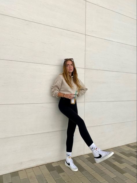 Leggings Outfit With Nike Socks, Comfy Outfits With Nike Blazers, Nike Blazer Mid 77 Leggings Outfit, Outfit Ideas With Nike Socks, Legging And High Socks Outfit, Nike Socks With Blazers, How To Style Nike Blazers With Leggings, Nike Blazer Leggings Outfit, Outfits For 45 Degree Weather