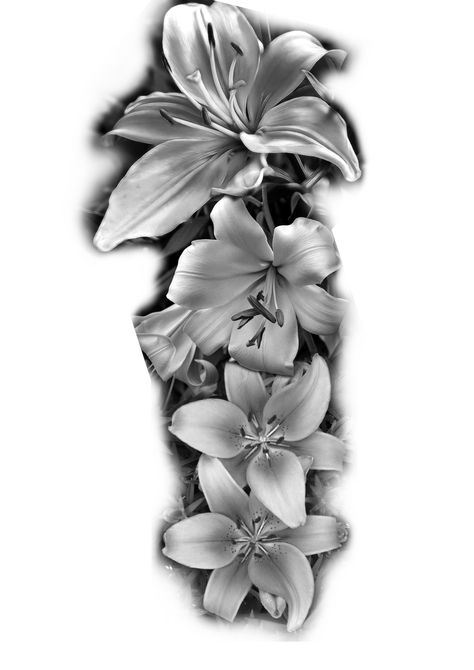 Floral Tattoo Design Realistic, Tattoo Background Shading Ideas, Realistic Lily Tattoo, Lilly Flower Tattoo Designs Forearm, Black N White Flower Tattoos, Lilly Tattoo Men, Lily Tattoo Realistic, Arm Tattoos For Women Lillies, Lily Flower Tattoos Black Women