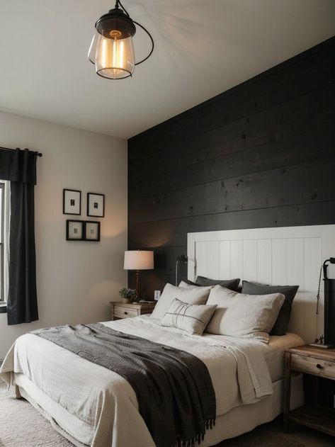 Black Wooden Accent Wall Bedroom, Farmhouse Bedroom With Black Accent Wall, Wood Plank Wall Behind Bed, Black Accent Wall Behind Bed, Bedroom Charcoal Accent Wall, Dark Board And Batten Wall Bedroom, Black Shiplap Accent Wall Bedroom, Bedroom Inspirations Master Black Accent Wall, Black Wood Accent Wall Bedroom