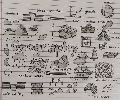 Geography Doodle Art, Geography Drawings Ideas, Geography Calligraphy, Geography Doodles, Geography Drawings, Cover Page For Project, School Doodles, Creative Book Cover Designs, Geography Project