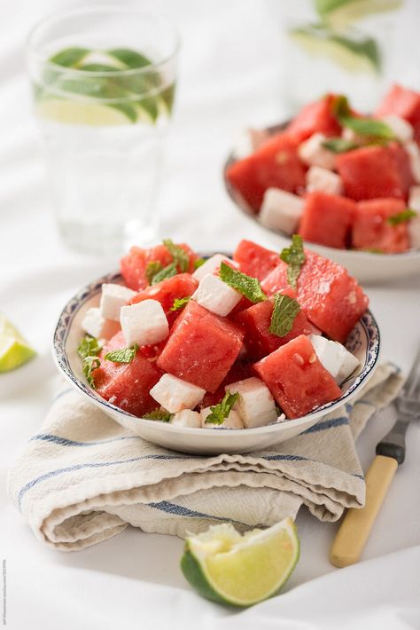 Watermelon With Feta Cheese, Salad With Mint, Feta Cheese Salad, Watermelon Feta Salad, Watermelon And Feta, Yummy Meals, Illustration Styles, Watermelon Salad, Black Color Hairstyles