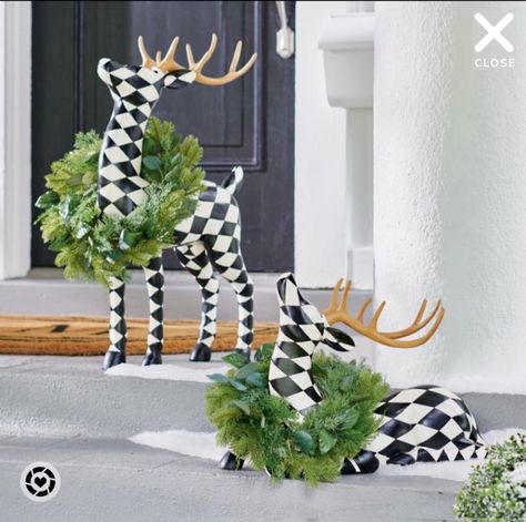 Harlequin Deer Luxury Christmas outdoor or indoor party decor Reindeer Decoration, Deer Figurines, Vintage Christmas Lights, Deer Statues, Harlequin Pattern, Family Holiday Photos, Fun Christmas Decorations, Grandin Road, Christmas Porch