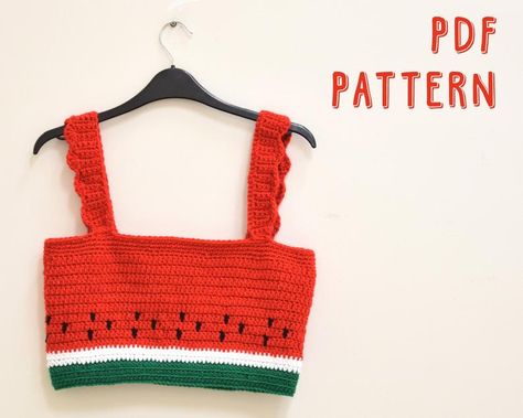 Get ready for summer with this cute watermelon crop top. Crochet pattern available for download Tops Tejidos A Crochet, Crop Top Crochet Pattern, Watermelon Crochet, Crop Top Crochet, Top Crochet Pattern, Watermelon Summer, Summer Crop Top, Crochet Crop Top Pattern, Get Ready For Summer